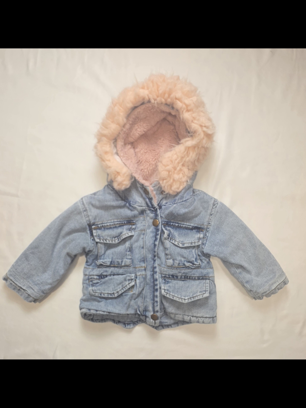 Light Blue Denim Kids Jacket with Pink Faux-Fur Hood
